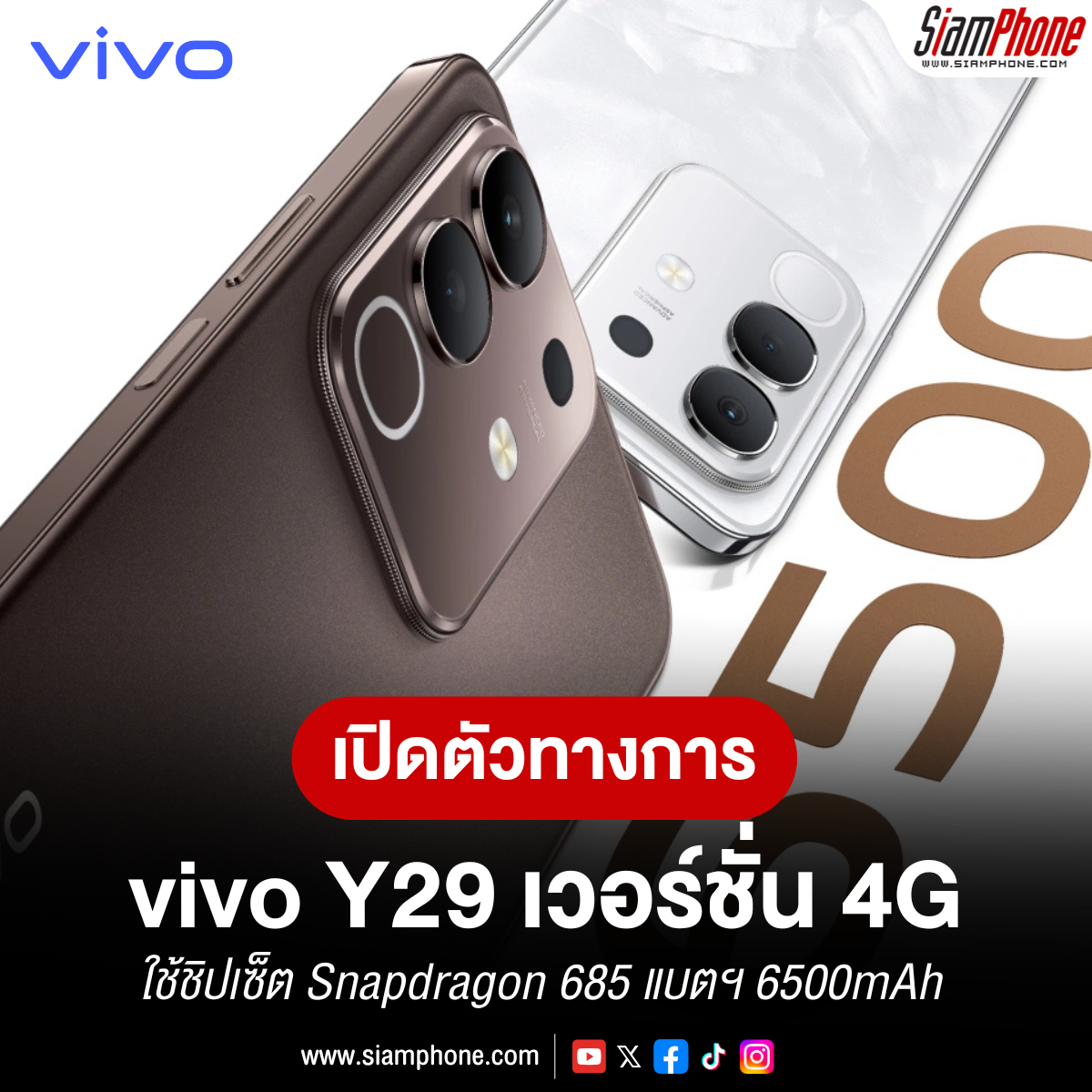 vivo Y29 เวอร์ชั่น 4G ใช้ชิปเซ็ต Snapdragon 685 แบตเตอรี่ใหญ่ถึง 6500mAh